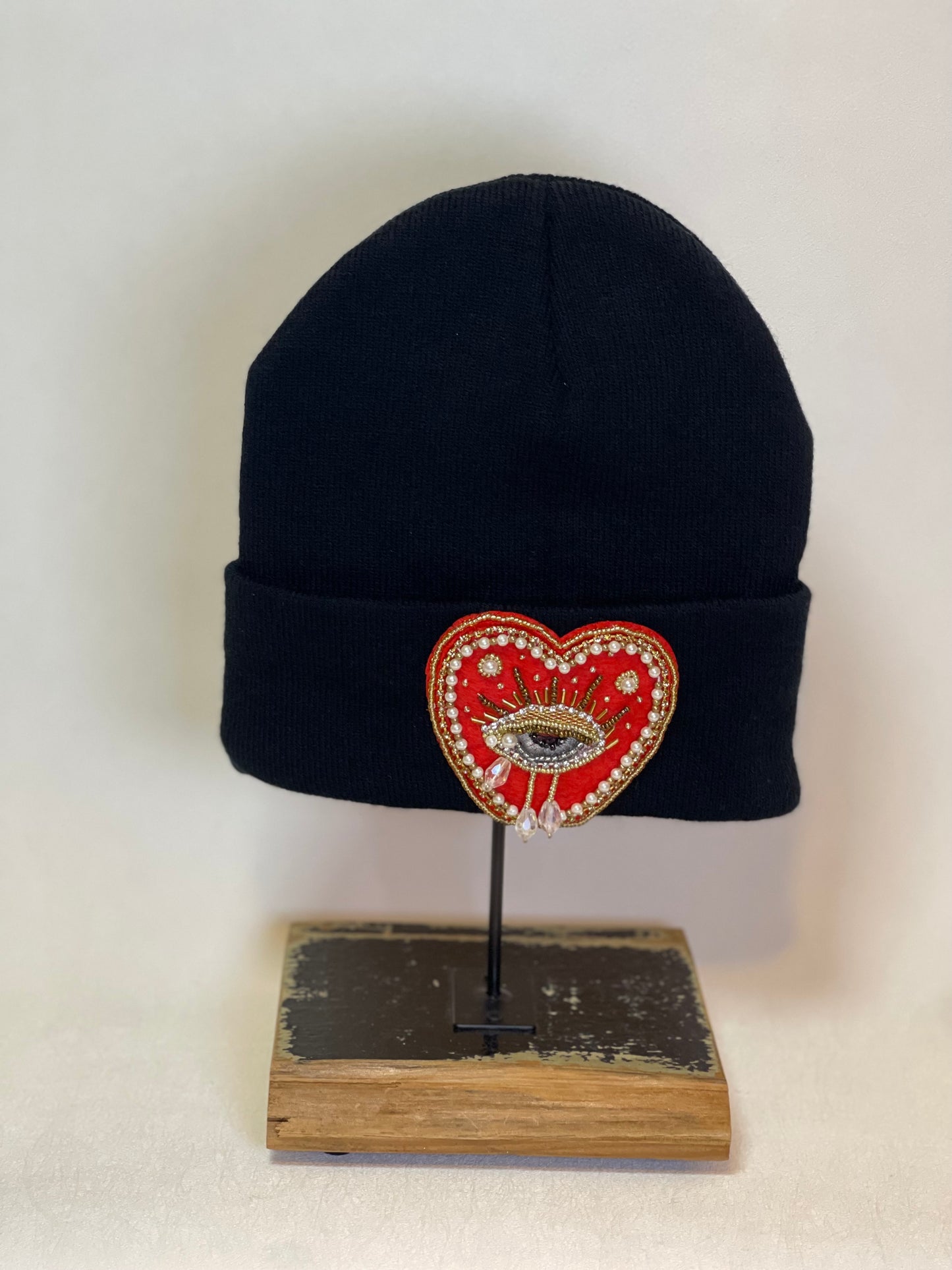 Black Heart beaded patch beanie