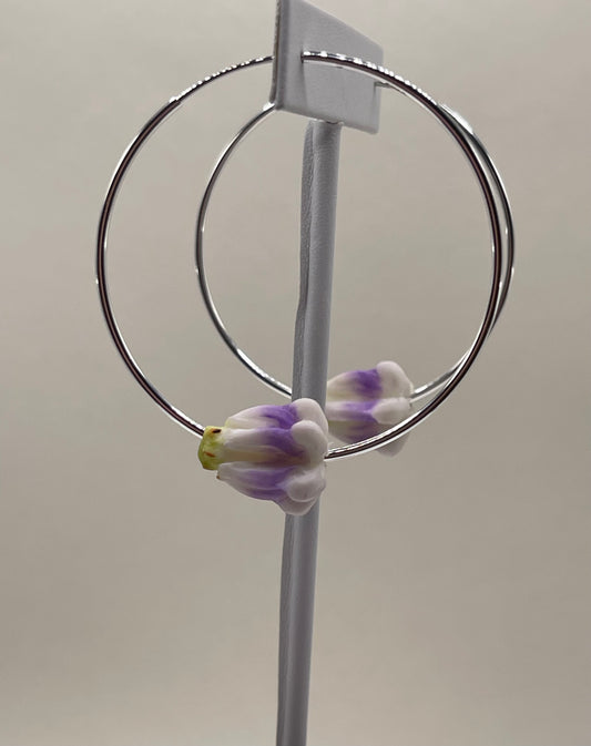 Lavender and White Bellflower endless hoop earrings