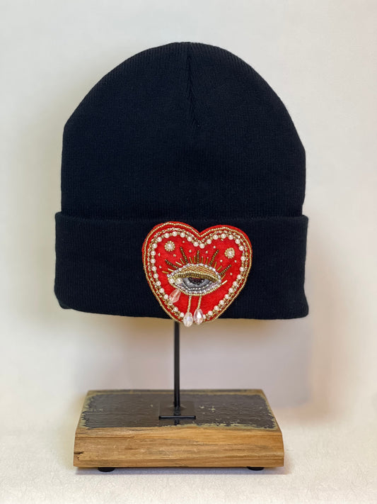 Black Heart beaded patch beanie