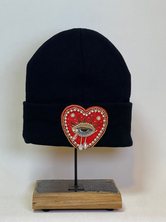 Black Heart beaded patch beanie